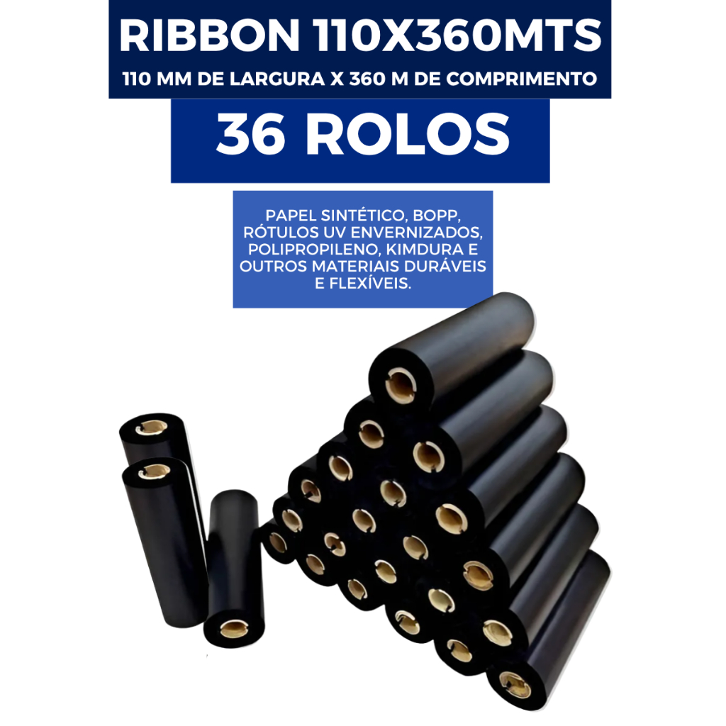 Kit 36 Ribbons Cera 110mm x 360m Ideal para Impressoras Térmicas Etiquetas Alta Performance