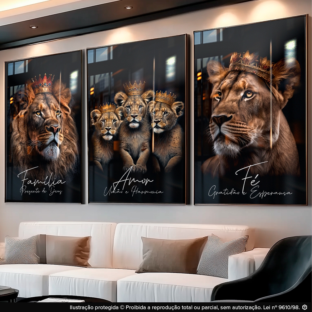 Quadro Decorativo Trio Família Leão Rei Rainha Filhotes Príncipes Amor Fé para Sala Quarto Hall