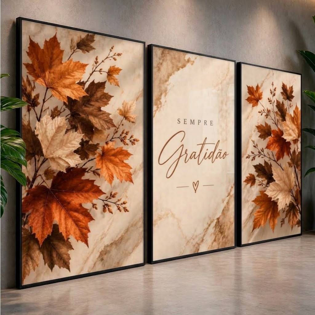 Kit 3 Quadros Decorativos Gratidão Sempre Folhas Terracota Bege Flores Outono Para Sala Quarto Hall