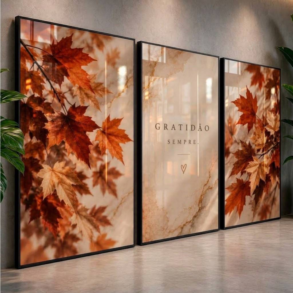Kit Quadros Decorativos Modernos Folhas Outono Gratidão Sempre Sala Quarto Escritório Hall