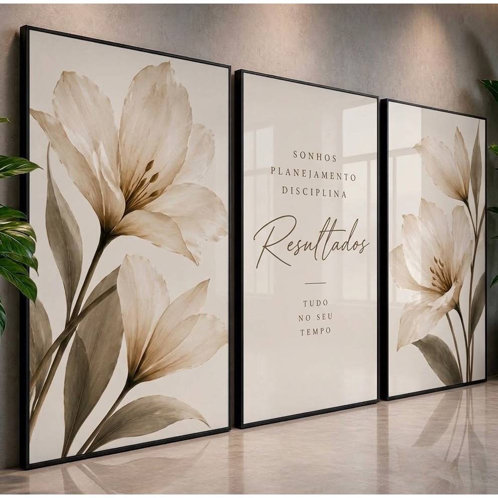 Quadros Decorativos Para Sala Kit 3 Peças Floral Bege Sonhos Planejamento Resultados Frase Motivacional Moderno Hall