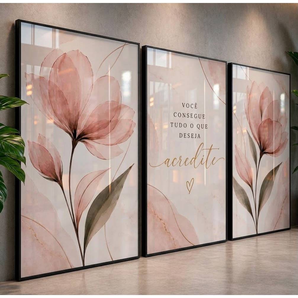Kit 3 Quadros Decorativos Feminino Floral Rosa para Sala Quarto Decoração Minimalista Hall
