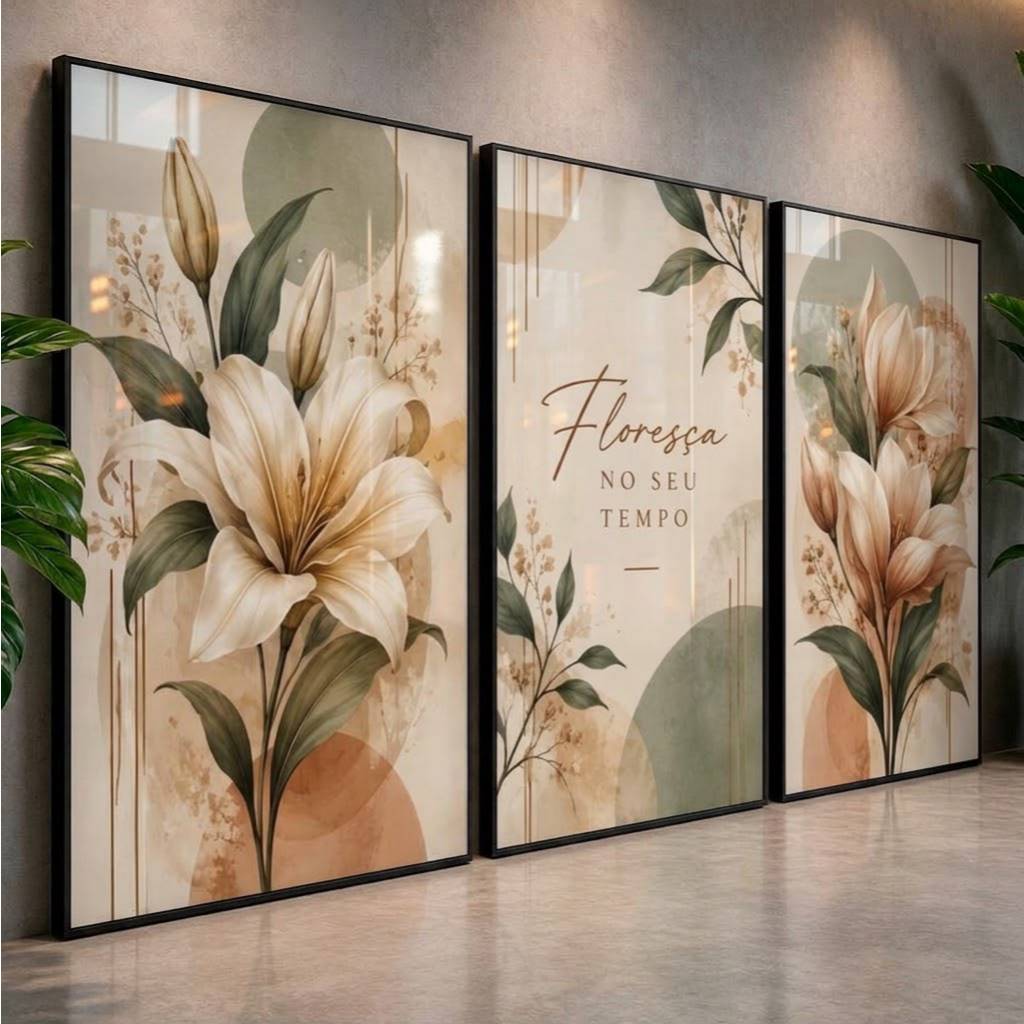 Quadros Decorativos para Sala Kit 3 Quadros Floral Lírios Bege Verde com Frase Hall