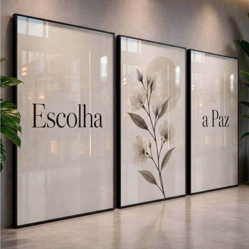 Quadros Decorativos Escolha a Paz Floral Minimalista Kit 3 Peças Sala Quarto Moderno Hall