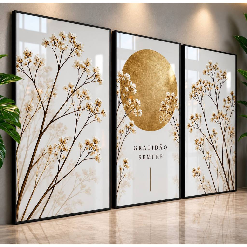 Quadros Decorativos Para Sala Kit 3 Quadros Floral Gratidão Bege Lua Dourada Moderno Hall