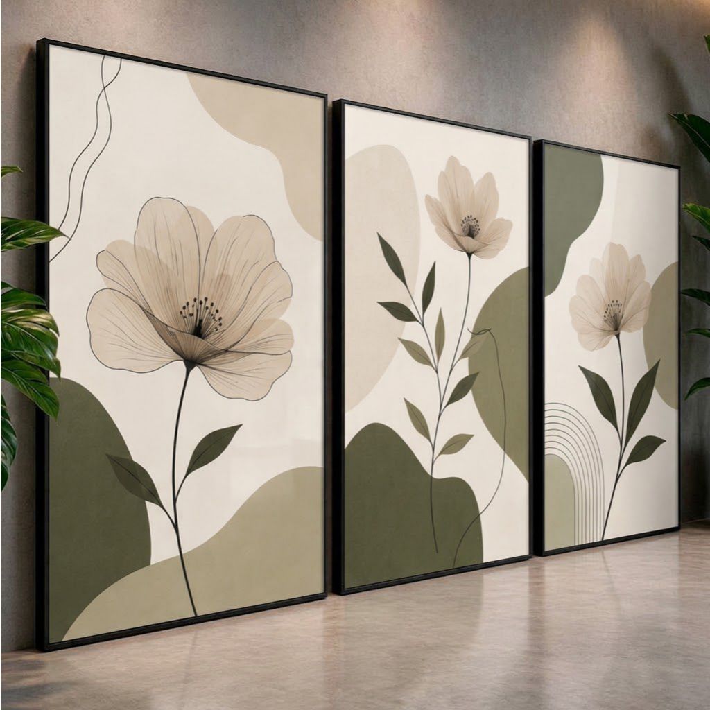Quadros Decorativos Florais Kit 3 Peças Boho Minimalista Verde e Bege para Quarto Sala Hall Decoração Moderna
