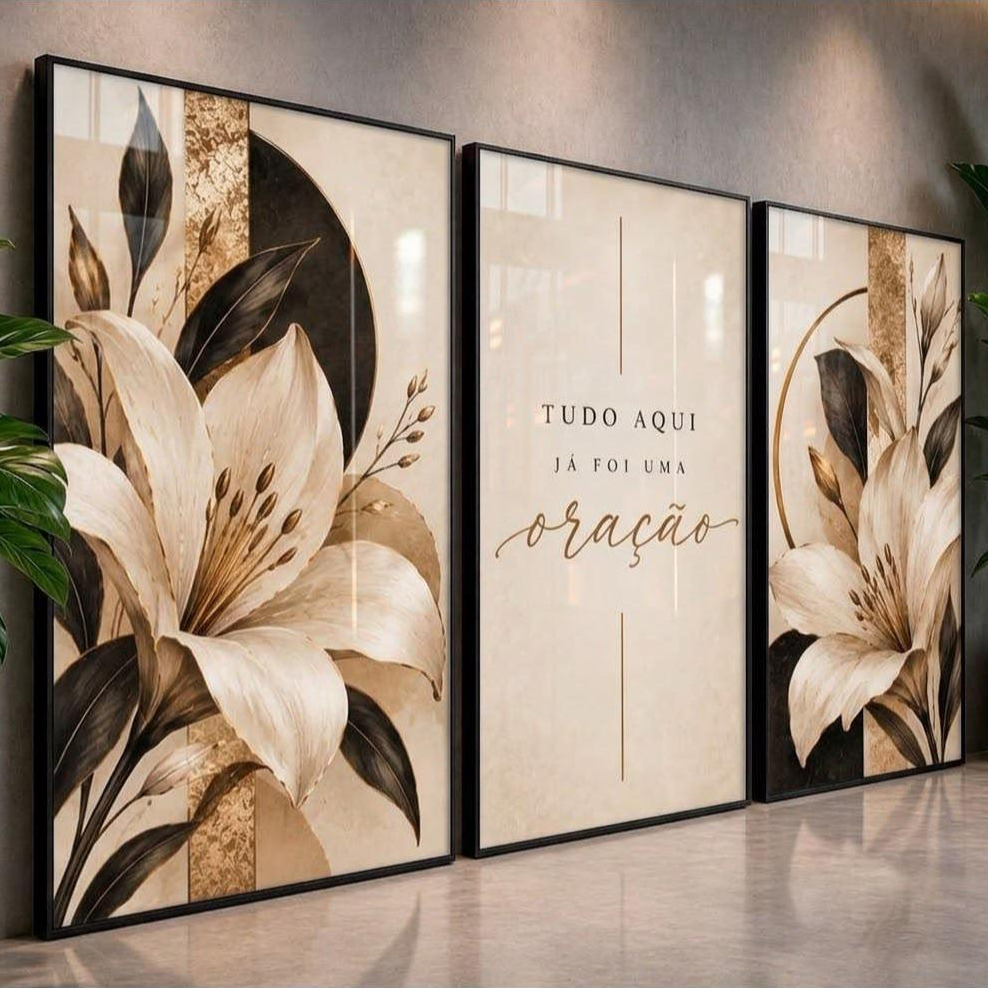 Quadros Decorativos Lírios Brancos Frase Oração Religioso Bege Preto Sala Quarto 3 Peças Luxo Hall