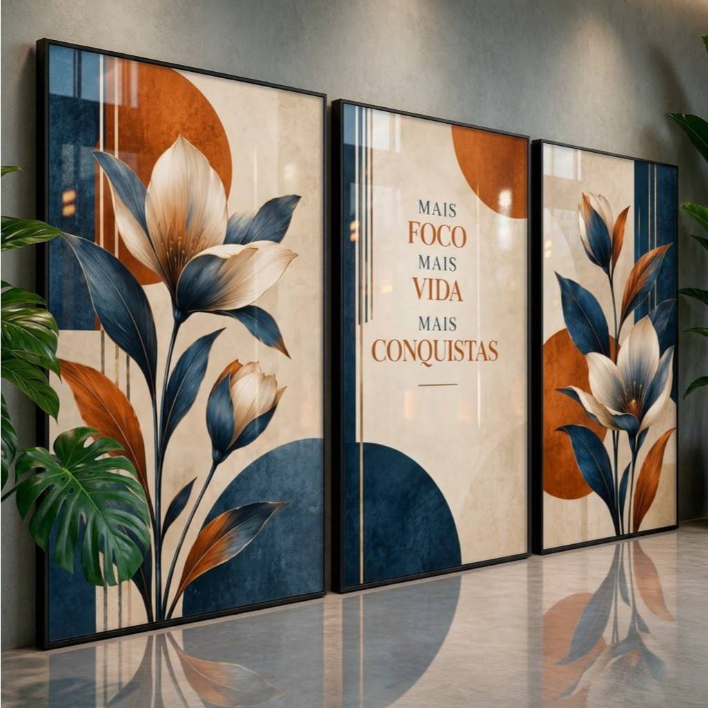 Quadros Decorativos Sala Kit 3 Peças Floral Moderno Azul Laranja com Frase Motivacional Para Quarto Hall