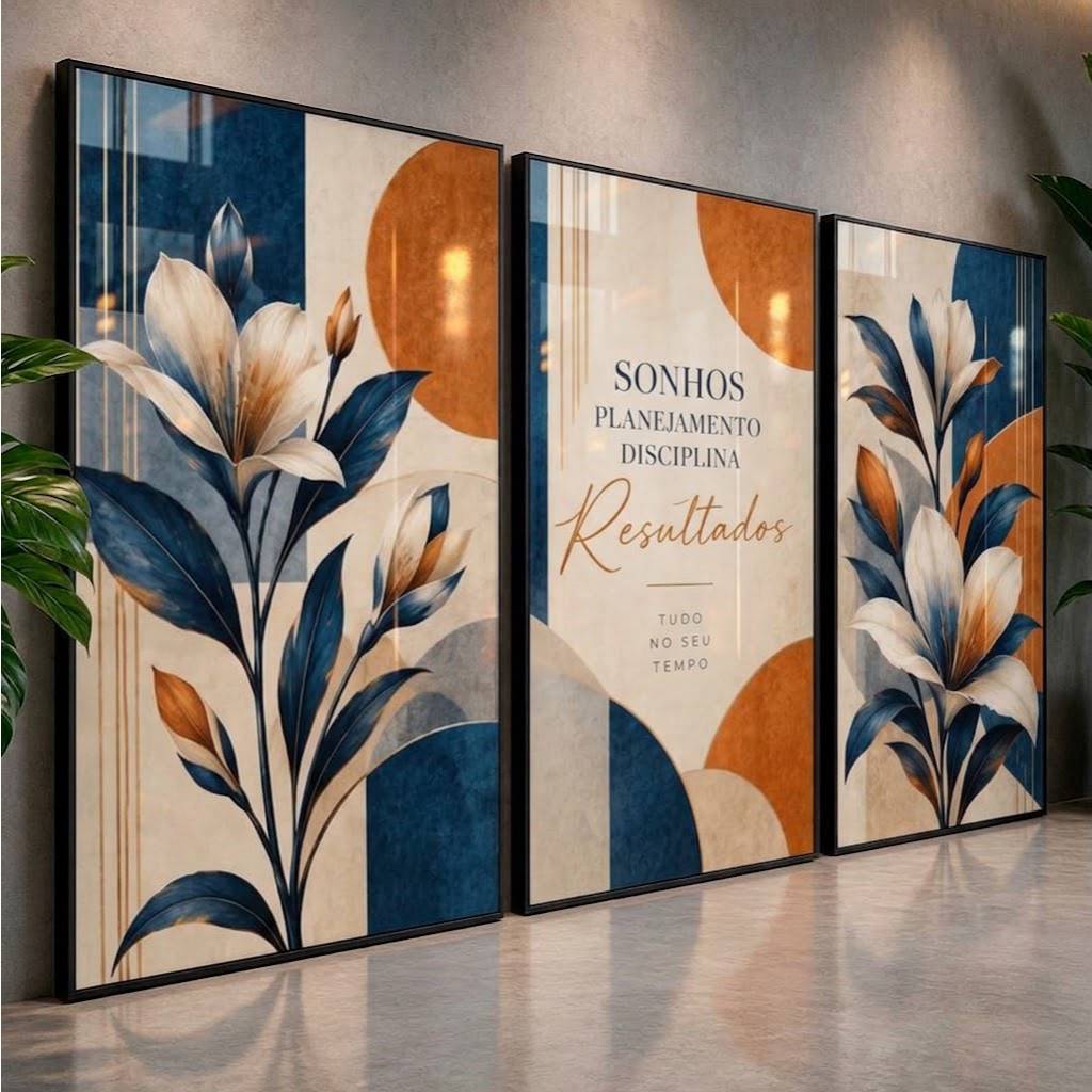 Kit 3 Quadros Decorativos Floral Azul e Terracota para Sala Moderna Minimalista Hall