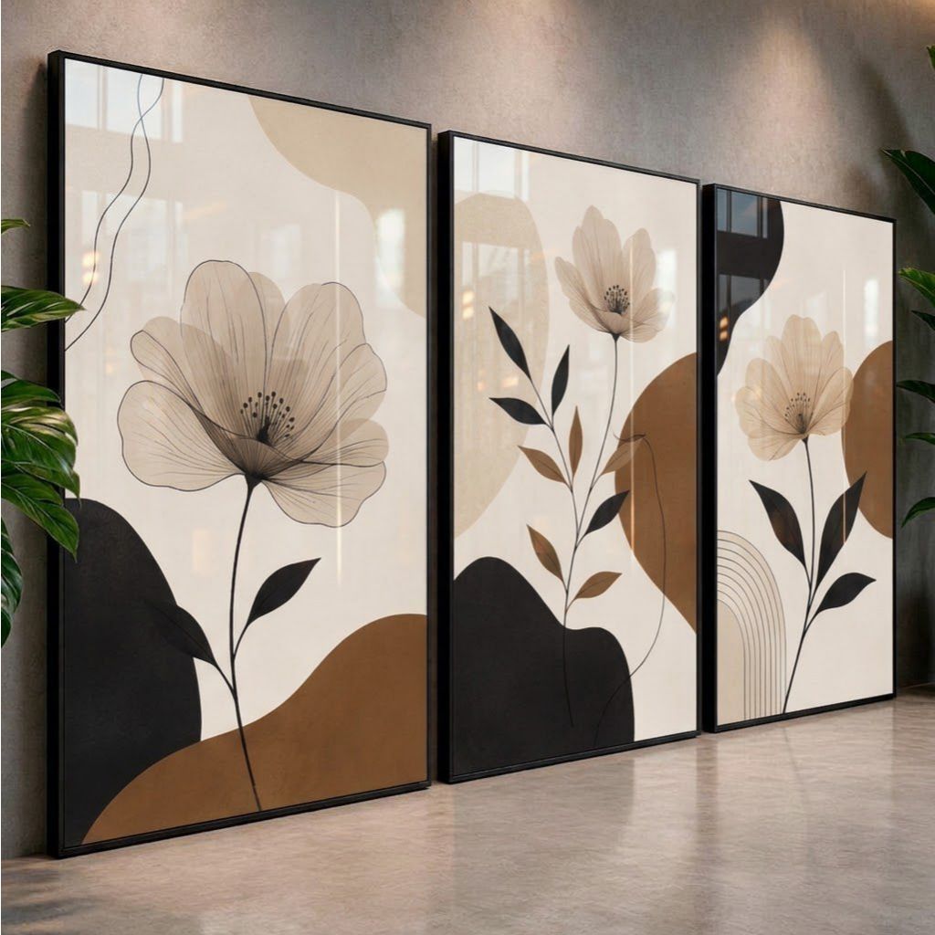 Quadros Decorativos Florais Abstratos Kit 3 Peças Boho Moderno Tons Neutros para Sala Quarto Hall e Escritório
