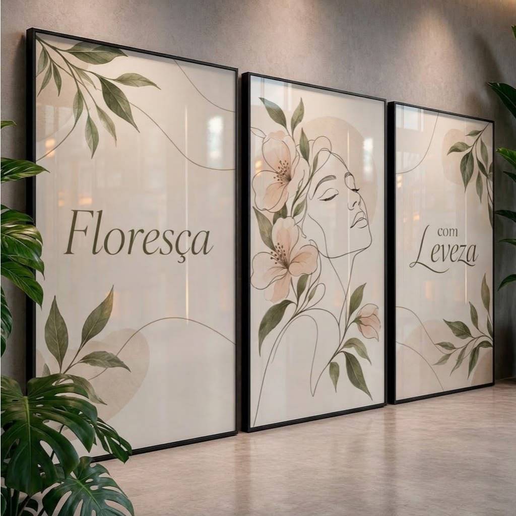 Kit 3 Peças Quadros Decorativos Floresça com Leveza Floral Feminino Sala Quarto Hall
