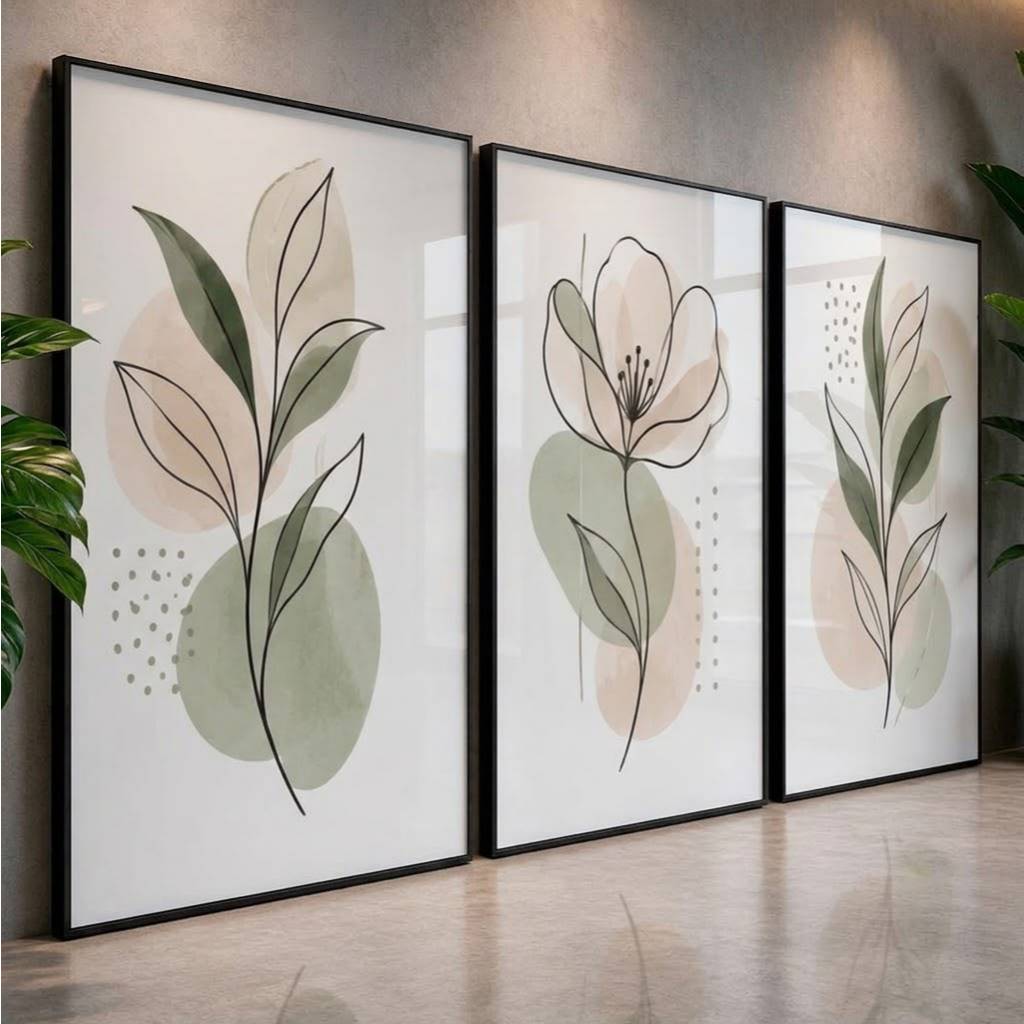 Quadros Decorativos para Sala Kit 3 Quadros Botânico Minimalista Verde Bege Flores Clean Hall