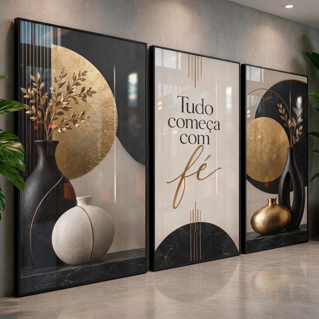 Quadros para Sala Abstrato Vasos Preto Dourado Tudo Começa com Fé Quarto Moderno Luxo Hall