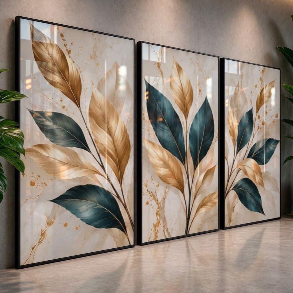 Kit 3 Quadros Decorativos Folhas Azul Petróleo e Douradas para Sala de Estar Quarto Luxo Hall
