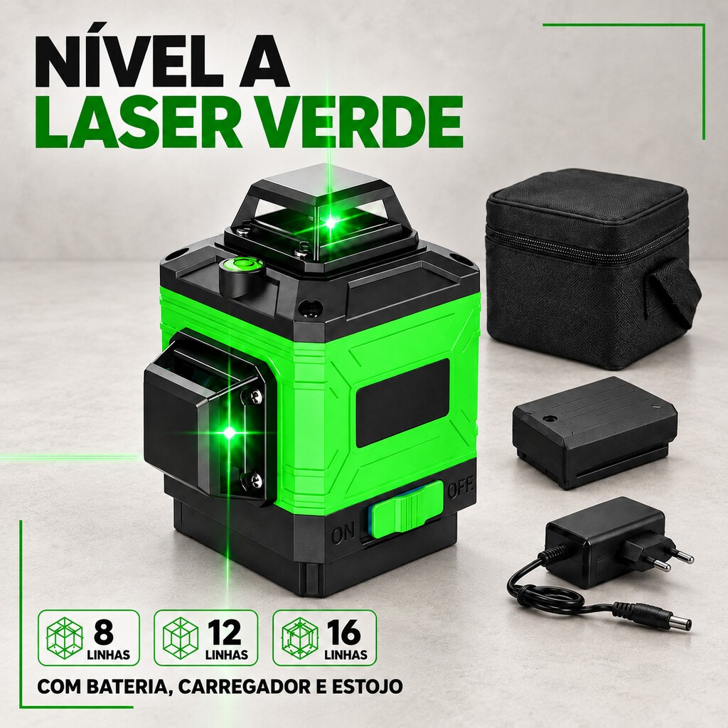 Nível Laser Verde com Linhas Horizontais e Verticais para Pisos, Azulejos e Drywall