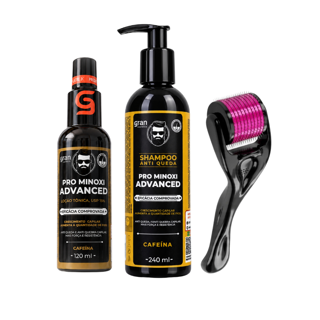 Kit Shampoo Antiqueda e Tônico Pro Minoxi + Dermaroller - Crescimento e Fortalecimento Capilar