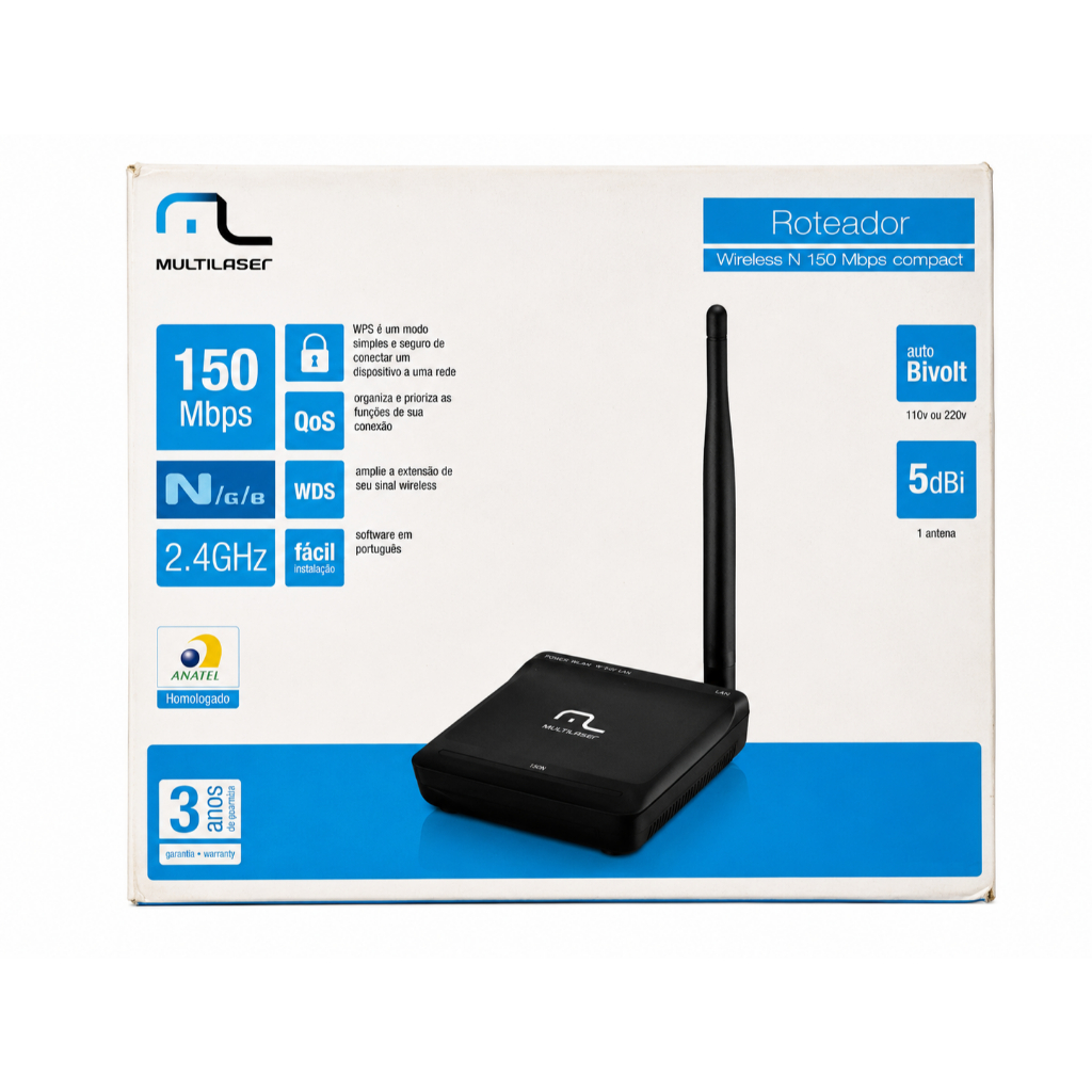 Roteador Multilaser Wireless N 150 Mbps Compact – 2.4 GHz | 1 Antena 5 dBi | Bivolt