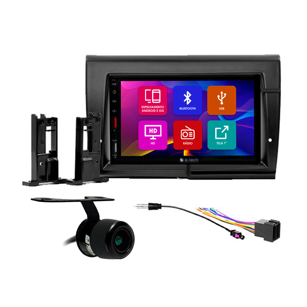 Kit Multimidia 7 Pol Bravo 2007 2008 2009 2010 2011 2012 2013 2014 2015 2016 Android Auto Carplay Qa+ 2 Din Preto