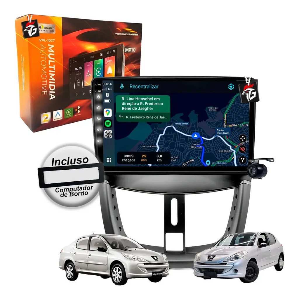 Central Multimídia Mp10 9 Polegadas Android Auto  Bluetooth Câmera Peugeot 207 2007 À 2015 + Moldura Computador De Bordo