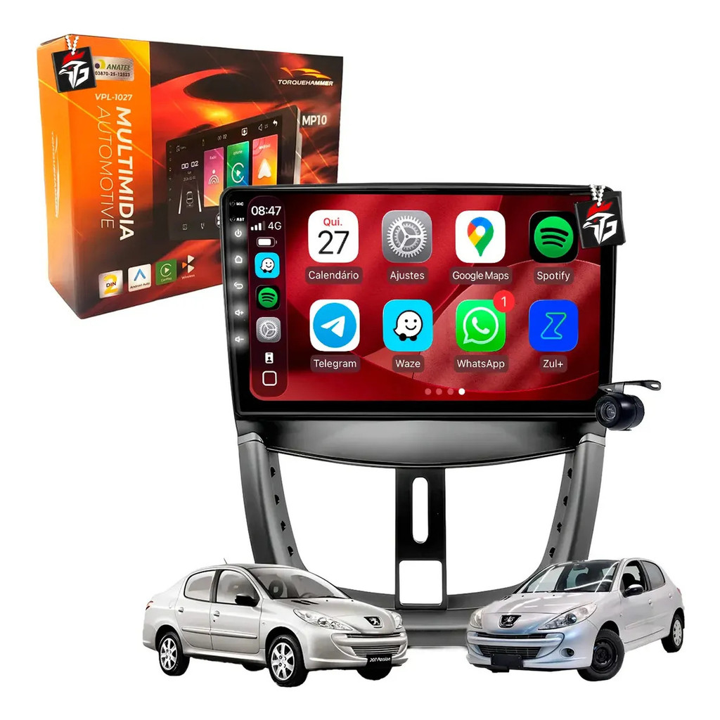 Multimídia Mp10 Carplay Rádio Fm Android Auto Espelhamento Tela Waze Maps Câmera Ré Peugeot 207 2007 À 2015