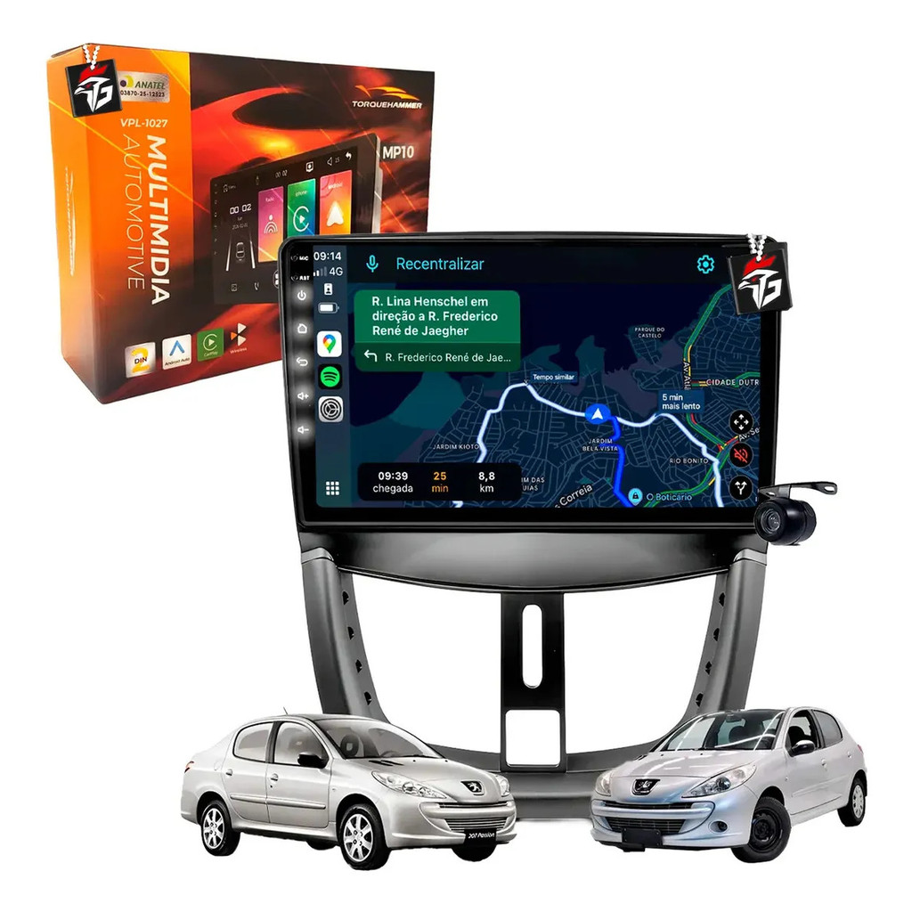 Central Multimídia Mp10 9 Polegadas Qled Carplay Android Auto Sem Fio Bluetooth Câmera De Ré Peugeot 207 2007 À 2015