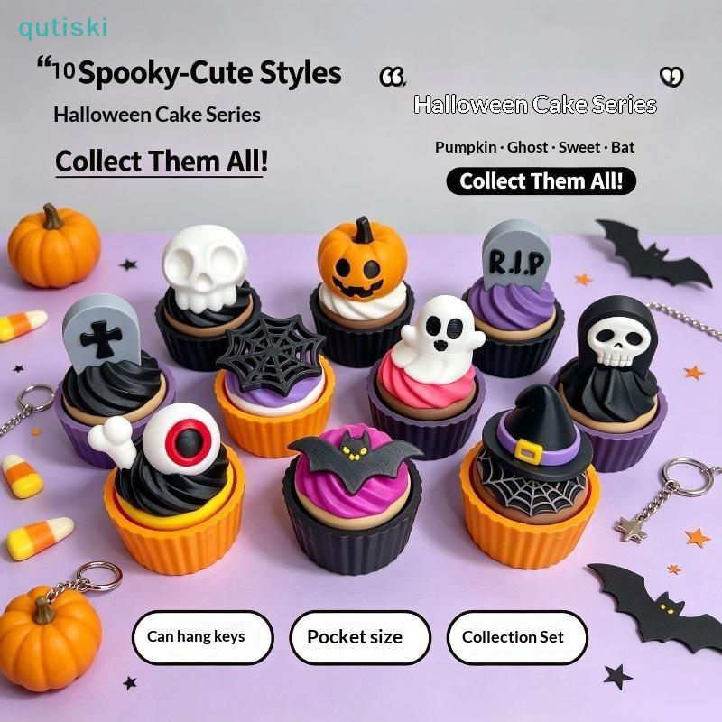 QUTI 3D Impresso Assustador Bonito Cupcake Clier Fidget Chaveiro De Halloween Fingertip Press Dpression Toy Para Present