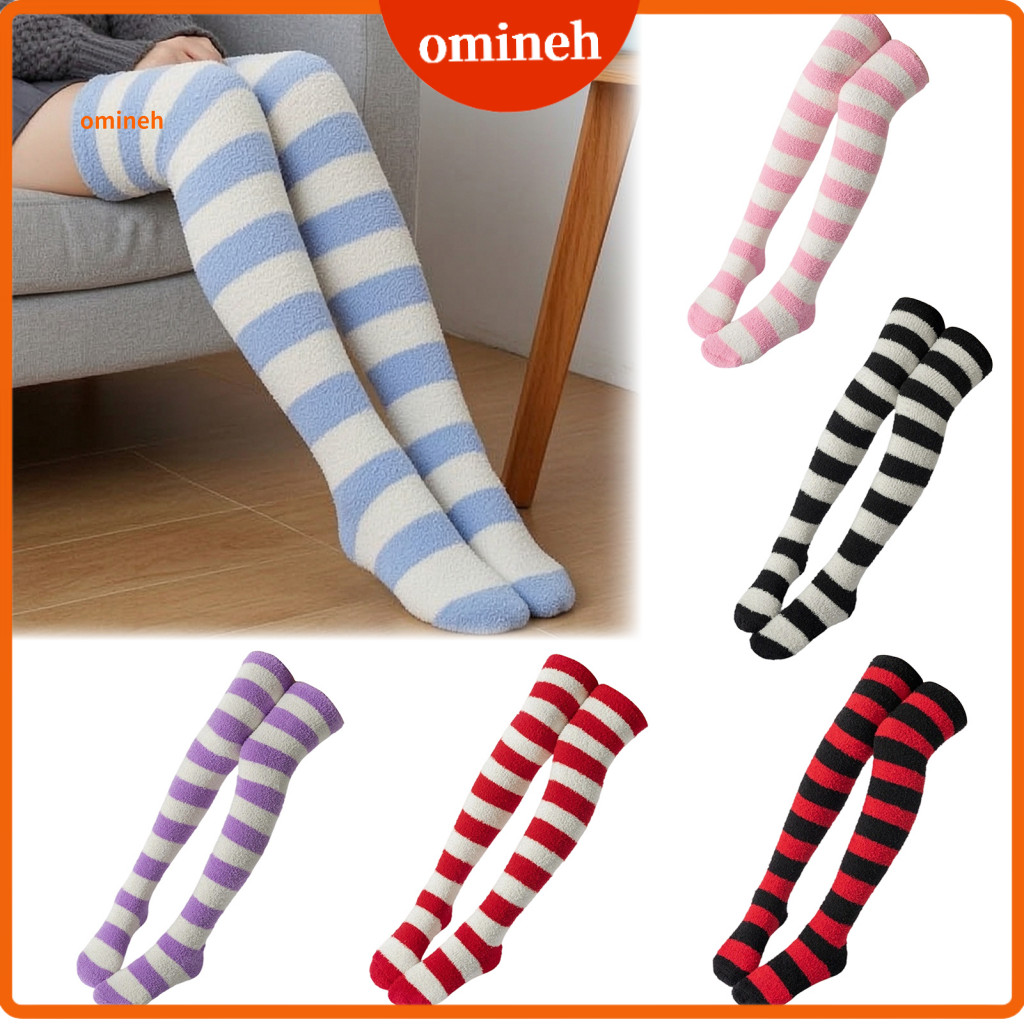 Autumn Winter Fashion Socks Warm Sleep Women’s Striped Plush Coral Fleece – Thickened Knee-high Thermal Soft Sleepin