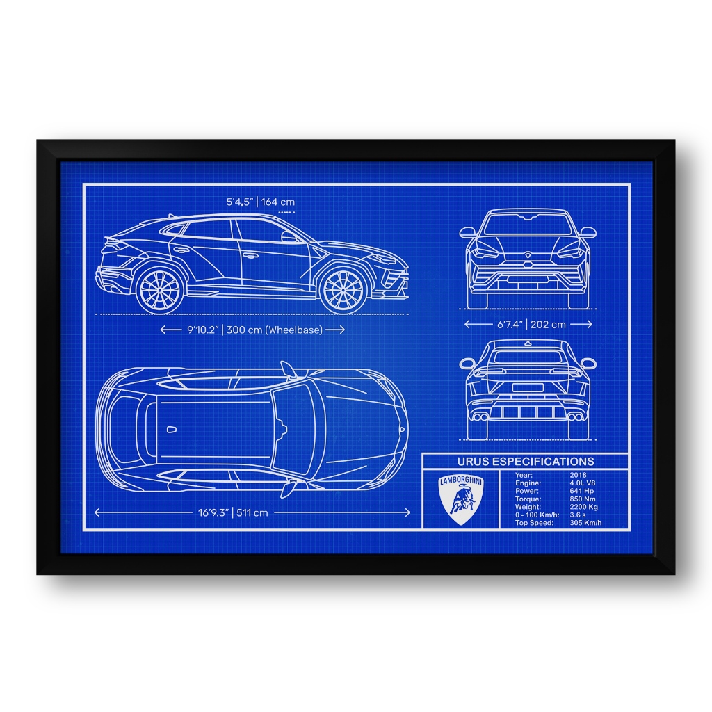 Quadro Decorativo Lamborghini Urus 2018 Blueprint - Tam. 40x60cm