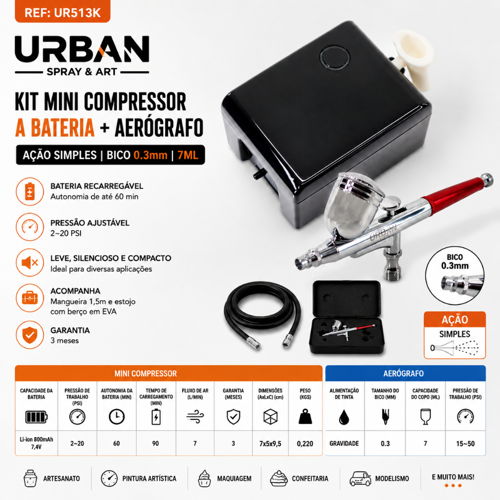 Kit Aerógrafo 0.3mm com Mini Compressor Recarregável 60min UR513K Urban Spray & Art