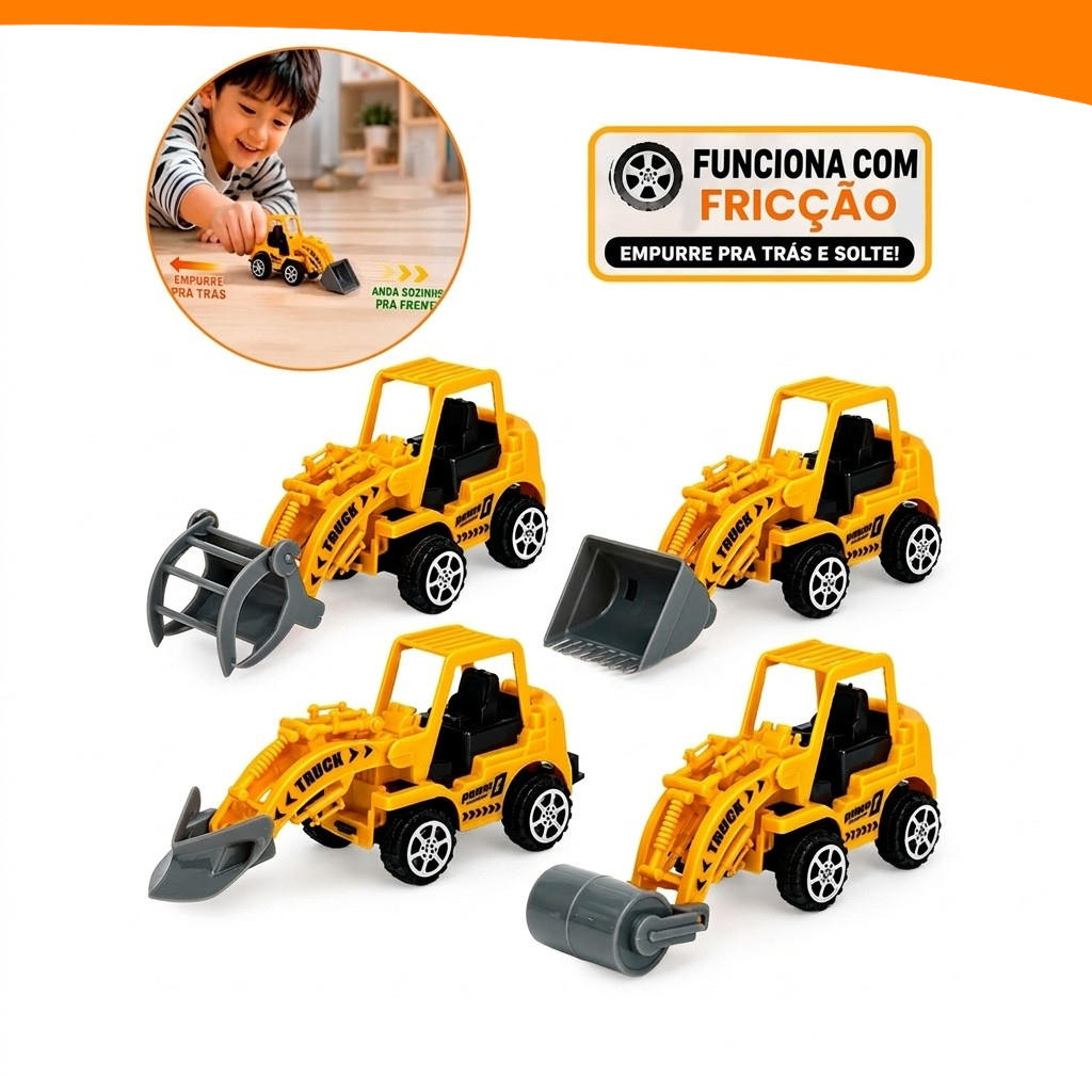 Kit Mini Tratores de Construção Infantil Fricção Sortido Pá Carregadeira Rolo Compressor Escavadeira