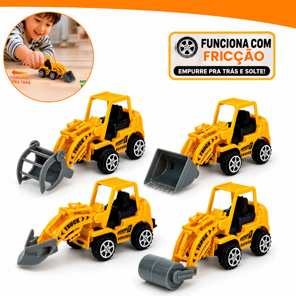 Kit Mini Tratores de Construção Infantil Fricção Sortido Pá Carregadeira Rolo Compressor Escavadeira