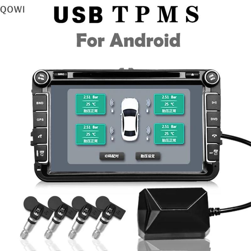 qo USB Android TPMS Sistema De Monitoramento Pressão Dos Pneus Display Alarme Interno Externo 4 Sensores Para Rádio Do C