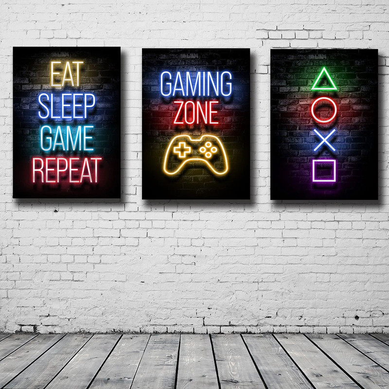 Quadro decorativo 3 peças 40x60 Abstrato Gamer controle fone decoração mdf para casa sala quarto hall interiores md215