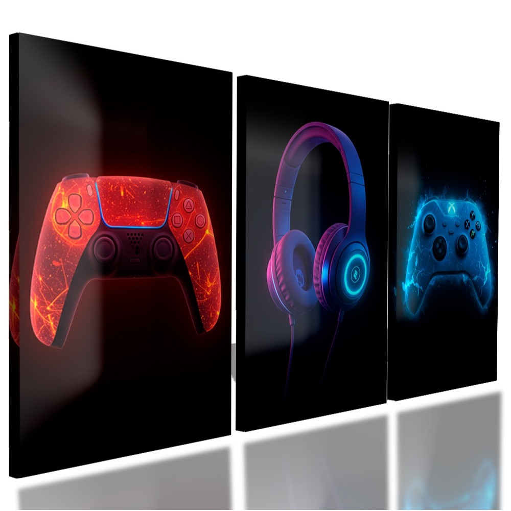 Quadros Decorativos 3 Peças Controles Futurista e Energética Equipamentos Gamer Casa Sala Quarto Decoração Hall