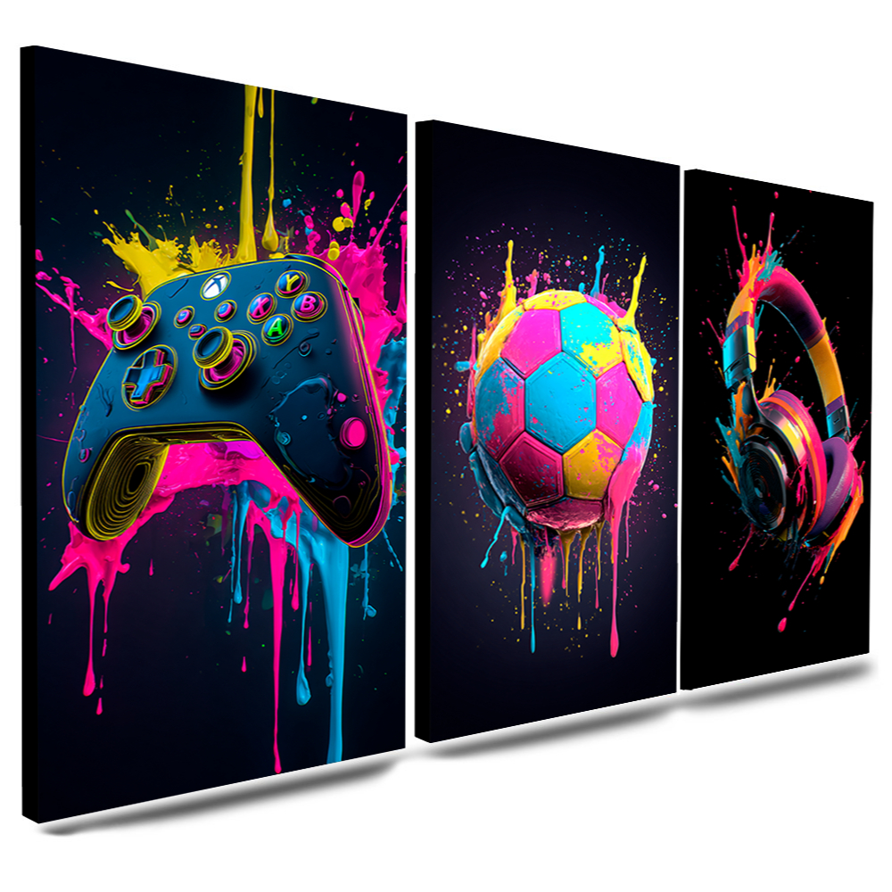 Quadros Decorativos 3 Peças Controle Bola Fone Grafite Colorido Grafite Cores Vibrantes Casa Sala Quarto Decoração Hall
