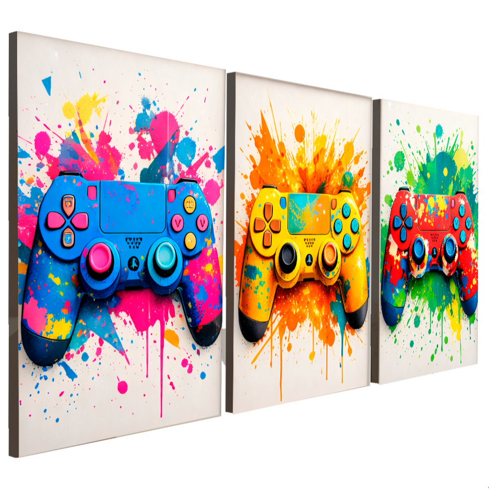Quadros Decorativos 3 Peças Controle Gamer Colorido Tinta Casa Sala Quarto Decoração Hall
