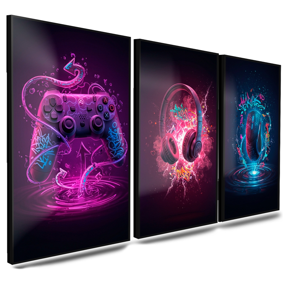 Quadros Decorativos 3 Peças Equipamentos Gamers Controle Fone Roxo Neon Abstrato Casa Sala Quarto Decoração Hall