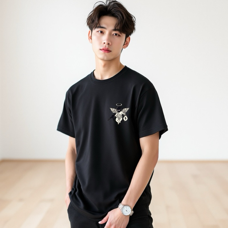 Camiseta Algodão Anjo Bandido Unissex Slim Masculino Moda Blusa Streetwear Angel Bad Feminino Preta