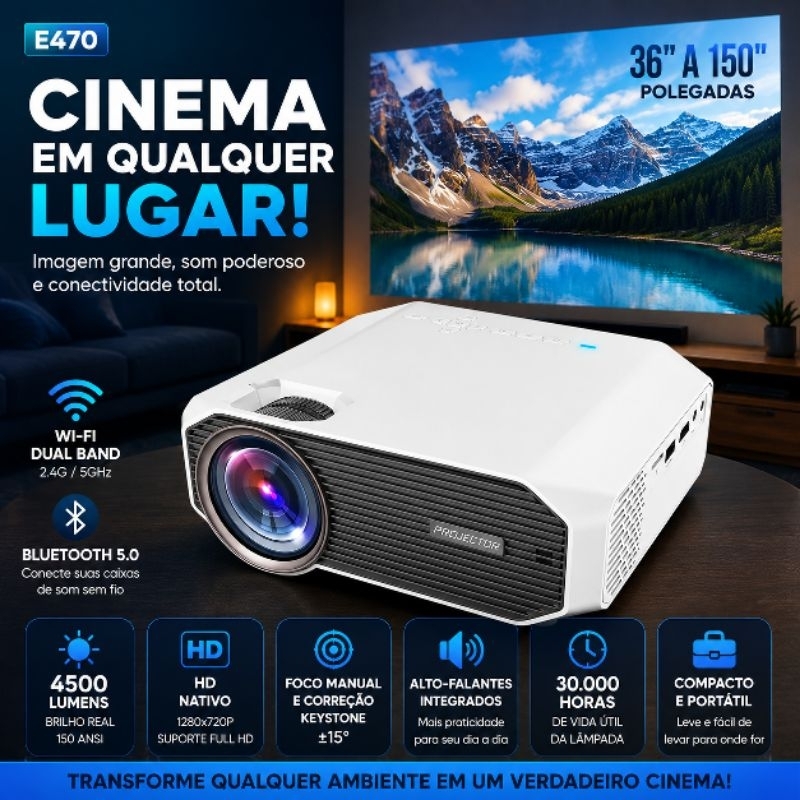Projetor Portátil WiFi Bluetooth E470 HD 720p 4500 Lumens Tela 150
