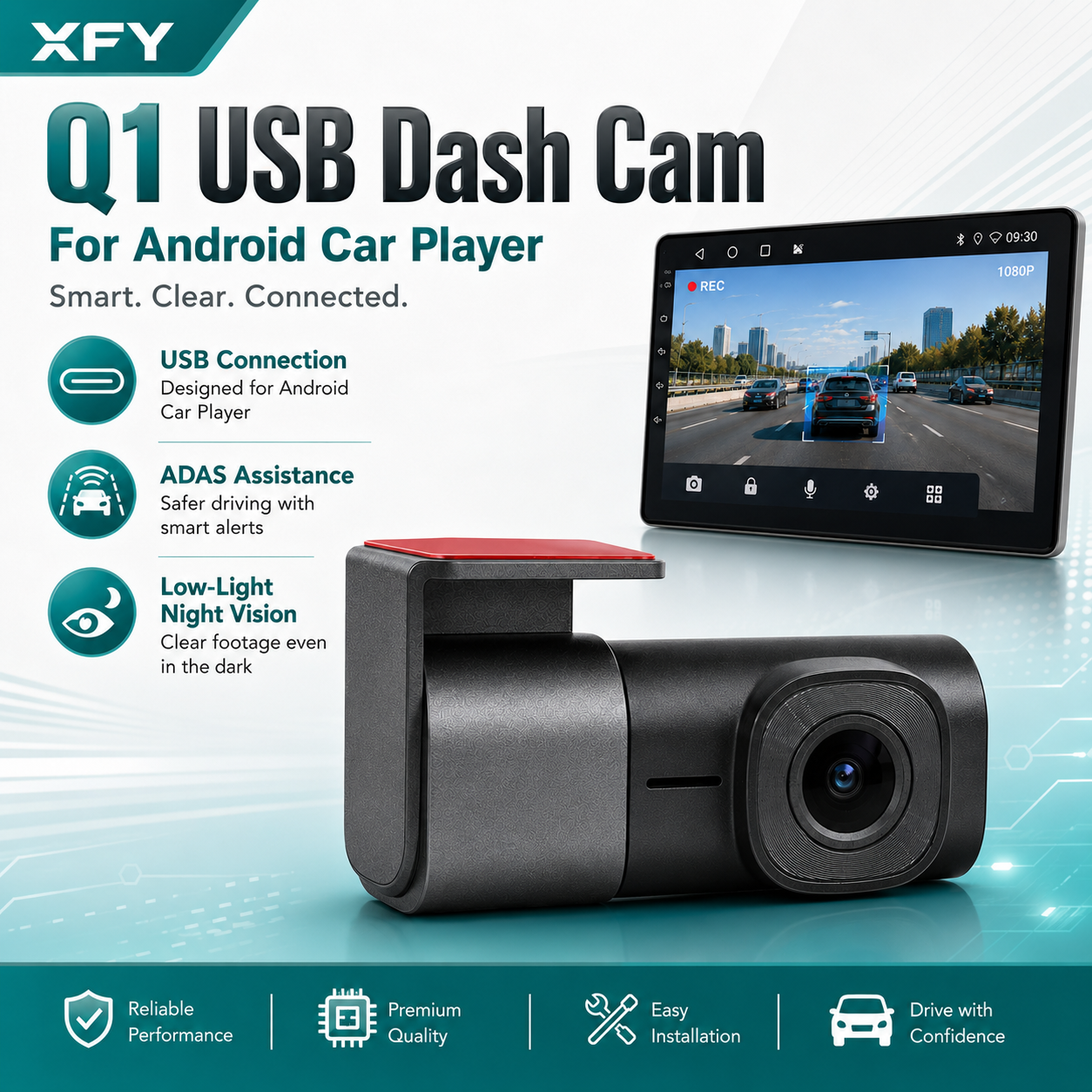 Xfy Q1 1080p USB Dash Cam Para Android Car Stereo Adas Alertas Inteligentes Tela De Sincronização De Visão Noturna Fácil