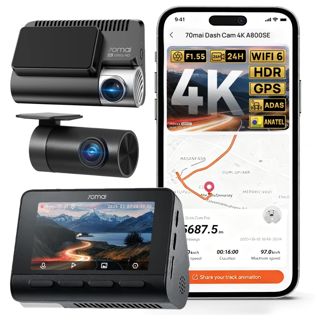 70mai Câmera Veicular Automotiva A800se-1 4k+1080p Hdr Gps ADAS Wifi App Visão Noturna 24H 3'' Tela Supercapacitor