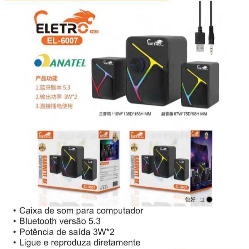 Caixa De Som Para Computador Touch Eletro Mex EL-6007 Com LED/Bluetooth