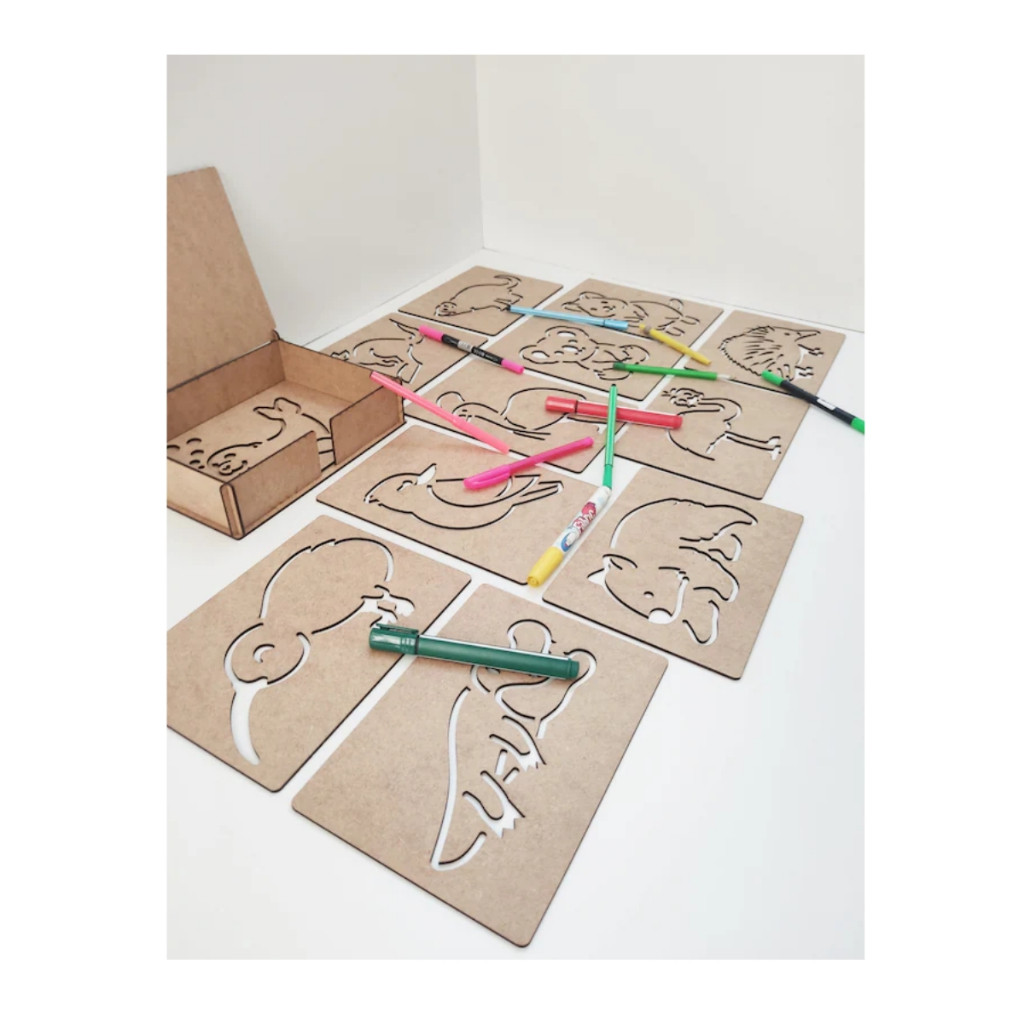 Kit 14 Peças Moldes Placas de Animais Australianos em MDF 3mm Cru com Caixa