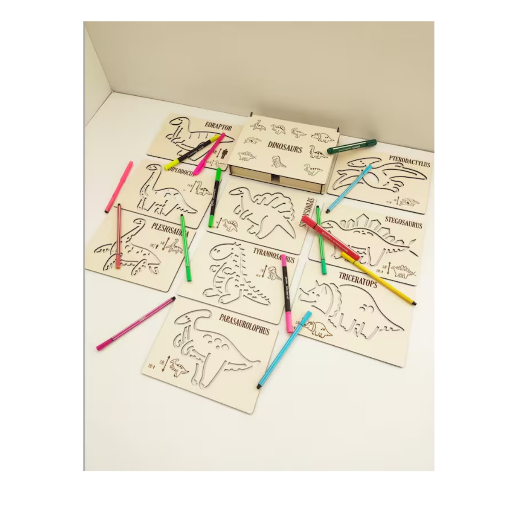 Kit 9 Moldes Estêncil Montessori Dinossauros em MDF 3mm CRU Caixa