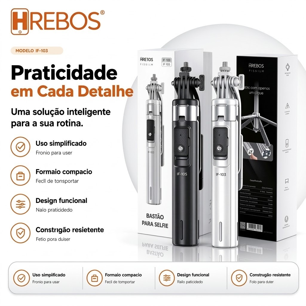HREBOS Bastão de selfie 3in1 de 1.35m Controle remoto Bluetooth com interface de carregamento USB Tipo-C Android/iOS