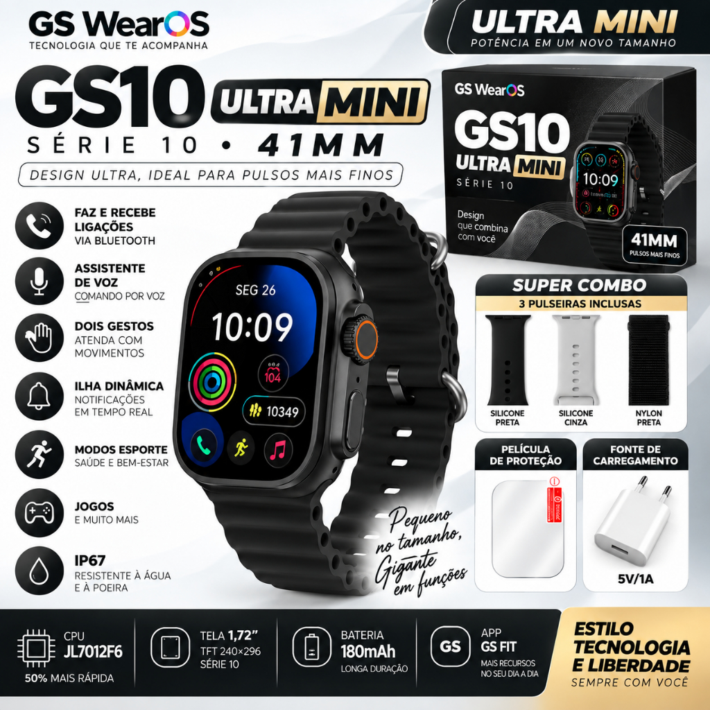 Smartwatch GS10 Ultra Mini 41mm Série 10 Bluetooth ChatGPT IP67 + Brinde