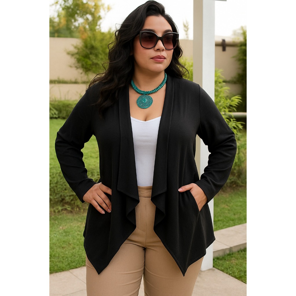 Cardigan Waterfall Plus Size em Viscolinho com Ajuste na Cintura – inverno Tamanhos G1/G2