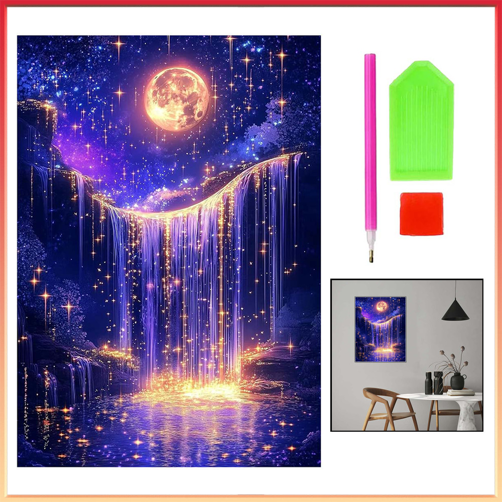 Pintura de Diamante 5D Tema Cascata Roxa 40x30cm – Purple Star River Waterfall, DIY Kit, para Aliviar o Estresse