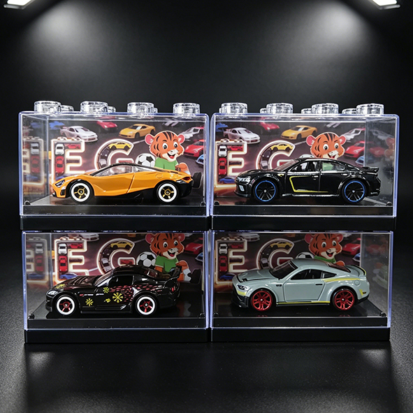 Kit 4 Miniatura Carro Esportivo Moderno Tuner com Caixa Expositora Transparente
