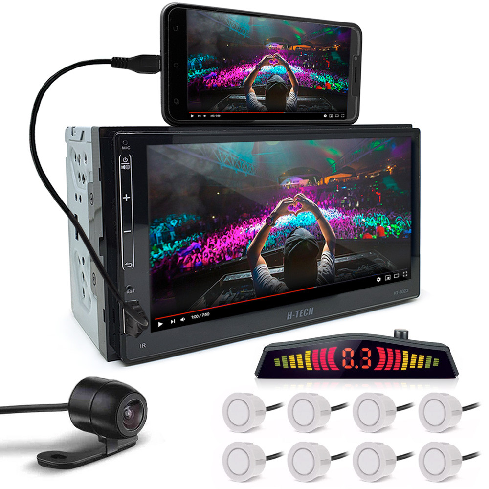 Kit Multimídia + Câmera Ré + Sensor 8 Pontos Branco Audi A1 2010 2011 2012 2013 Padrão Japonês Android Auto Carplay
